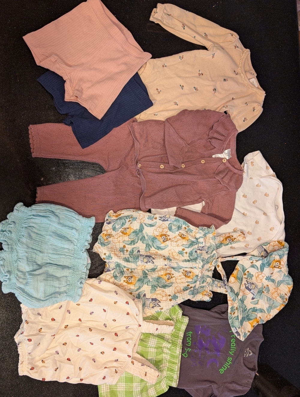 Bundle Of 3-9m Girls Mixed Clothing  in Florals, Pointelles & Muslins. Ft: Bluey